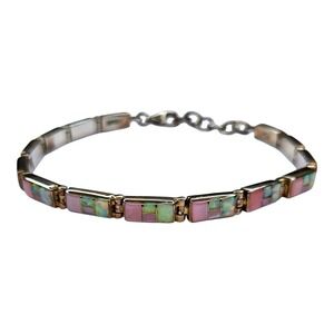 MB Bracelet Sterling Silver 925 Pink Opal Mother of Pearl In Link Adjustable 7-8